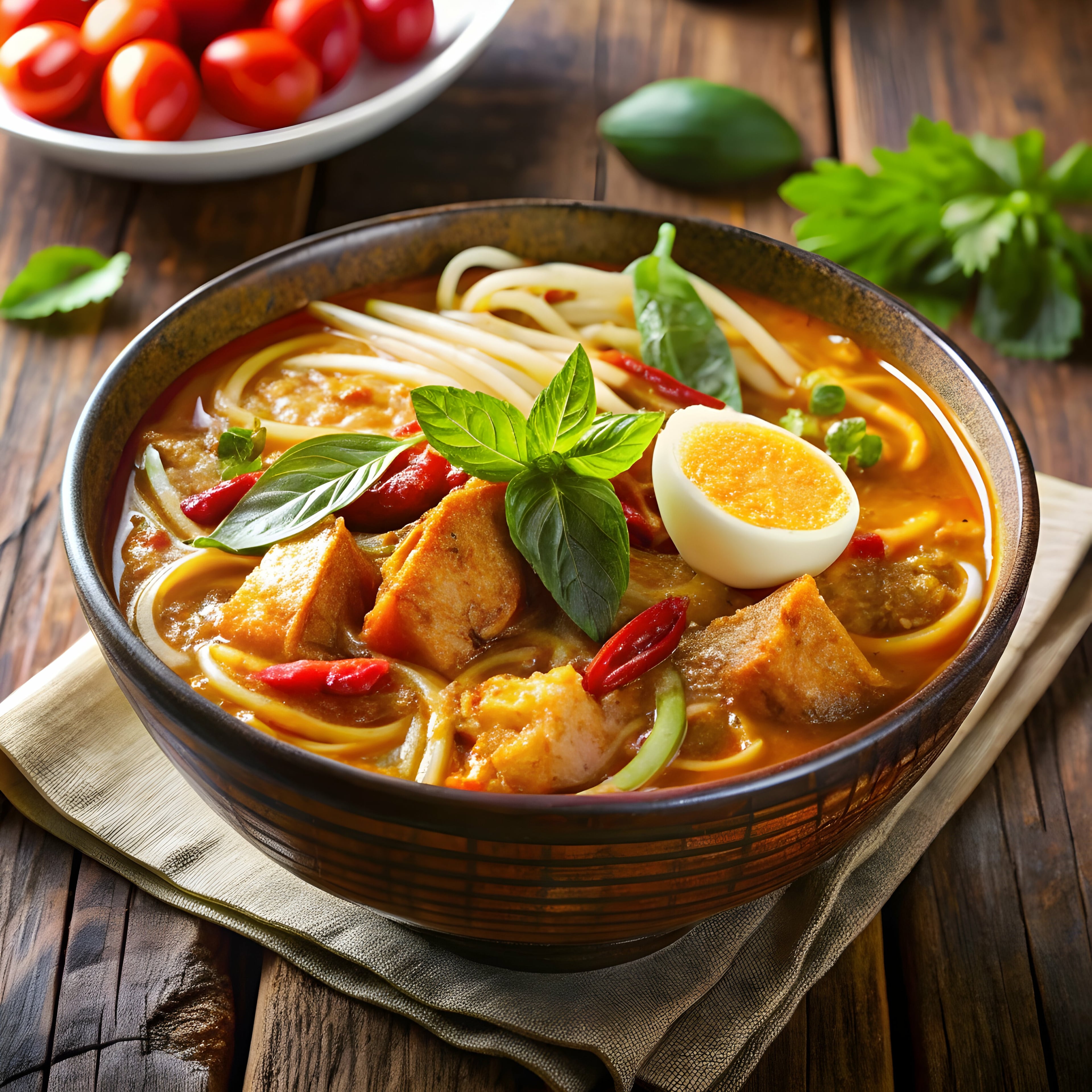 SD (Buffet Add-On Min 30pax) DIY Nyonya Laksa Lemak with Gravy served with thick white noodles, crispy tau pok, sliced fish cake, quail eggs, and a side of spicy sambal. Garnished with fresh laksa leaves.